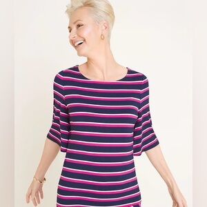 Chico’s Striped Top with a Boat Neck and Three-quarter Bell Sleeves (NWT)